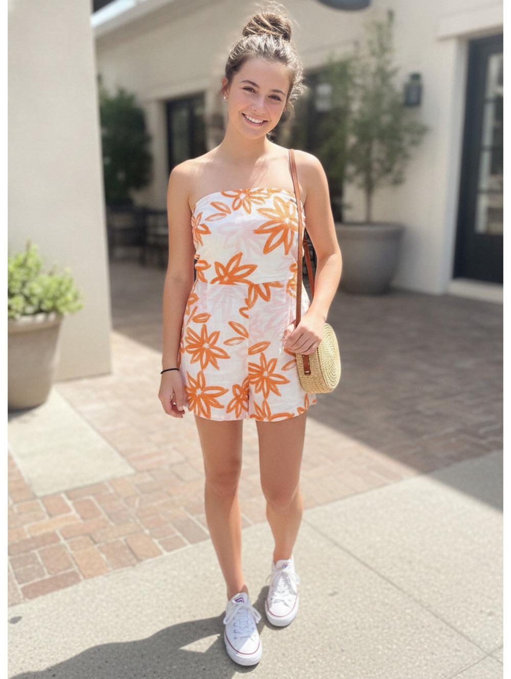 Rhythm Sanctuary Floral Strapless Romper in White and Orange, Size 12